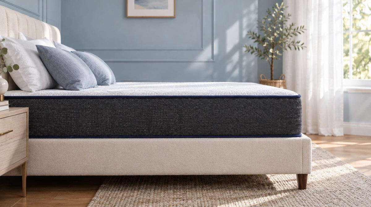 Side view of a bed with a mattress on the bed frame, with the mattress height clearly visible